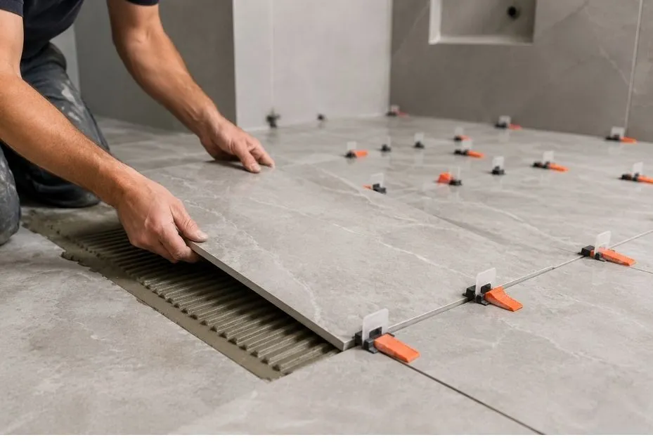 Installing large-format porcelain floor tiles with precision spacers during a Jerrabomberra bathroom renovation by Timeless Projects