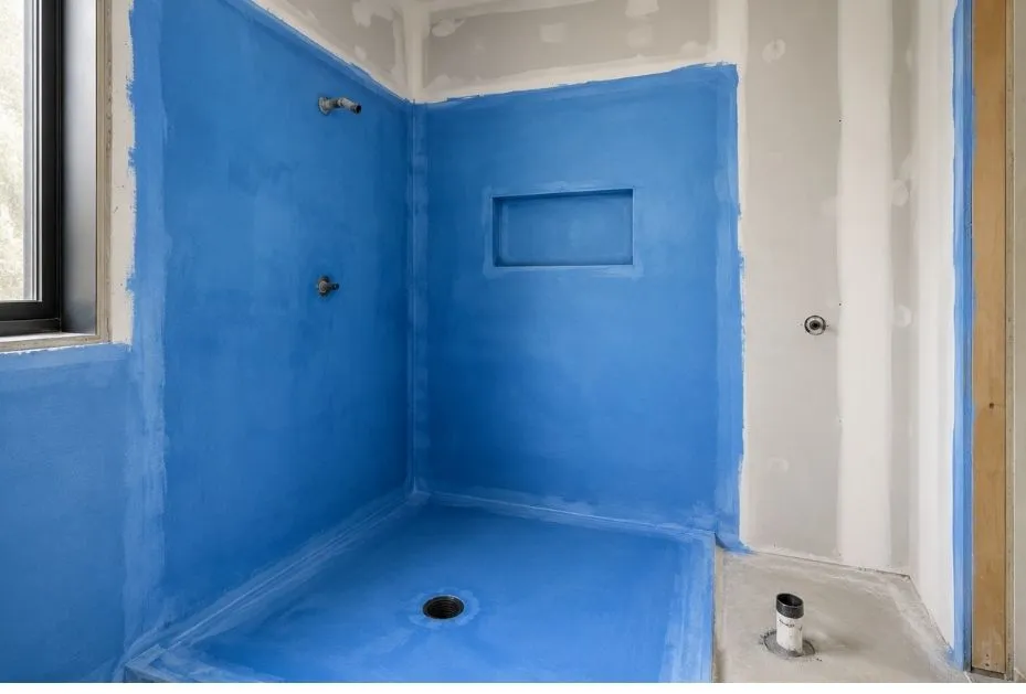 Frameless walk-in shower with matte black rainfall shower, recessed niche and porcelain tiles in a Jerrabomberra bathroom renovation by Timeless Projects