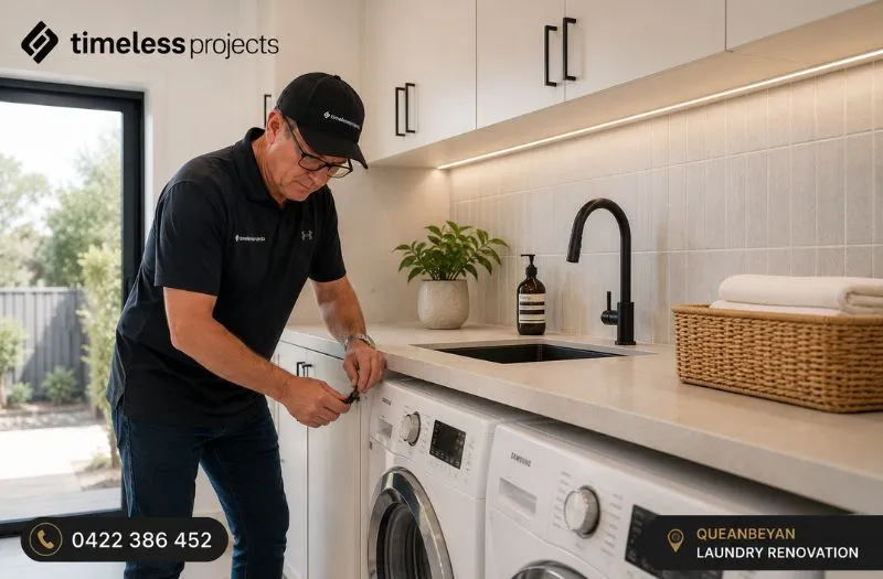 Timeless Projects installing custom cabinetry during a premium laundry renovation in Queanbeyan