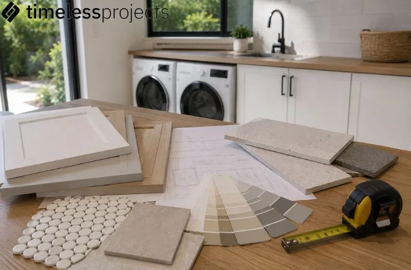 Laundry renovation planning in Queanbeyan with cabinetry samples, stone benchtop, tile selections and layout plans by Timeless Projects